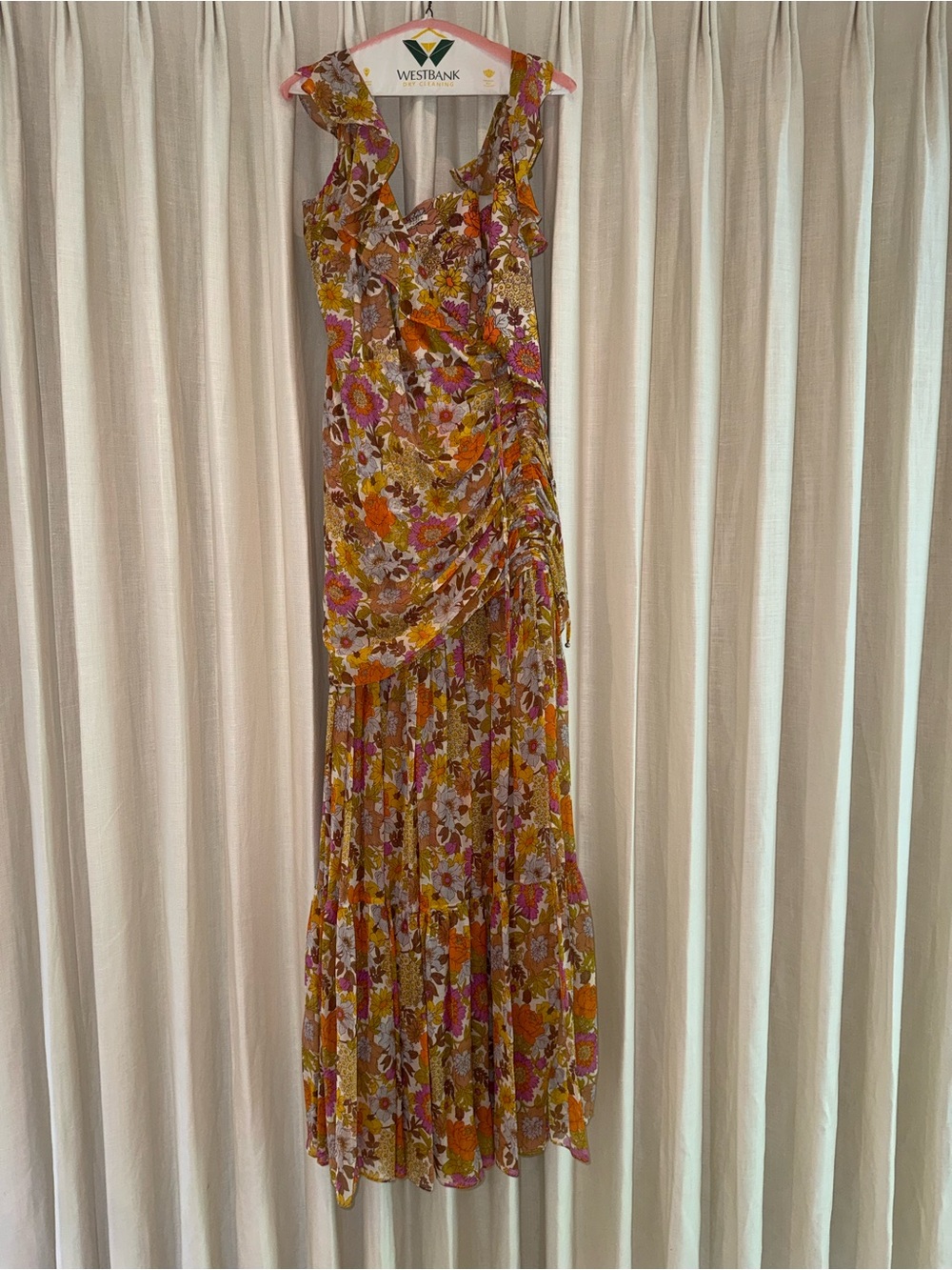 Veronica Beard Floral Ruffled Maxi Dress in Mustard, Pink and Orange